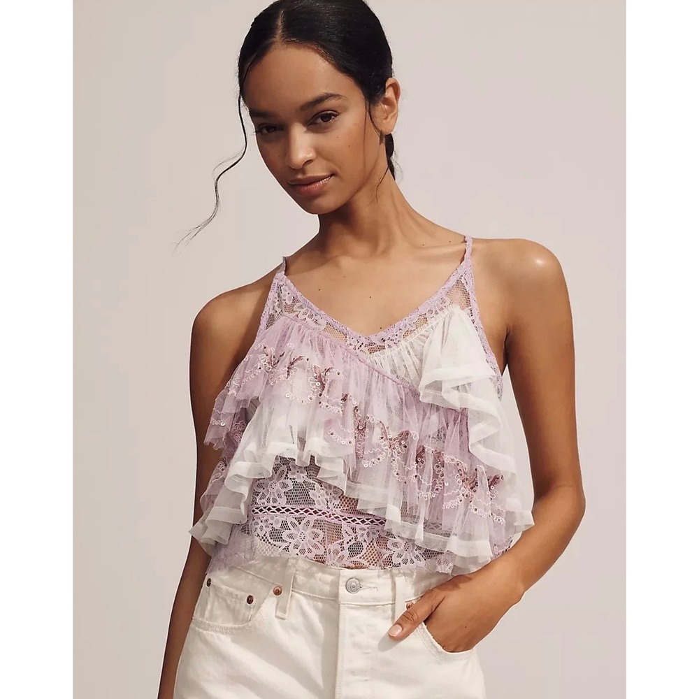 Forever That Girl Anthro Purple Lace Ruffle Beaded Sequin Halter Crop Top XS NWT